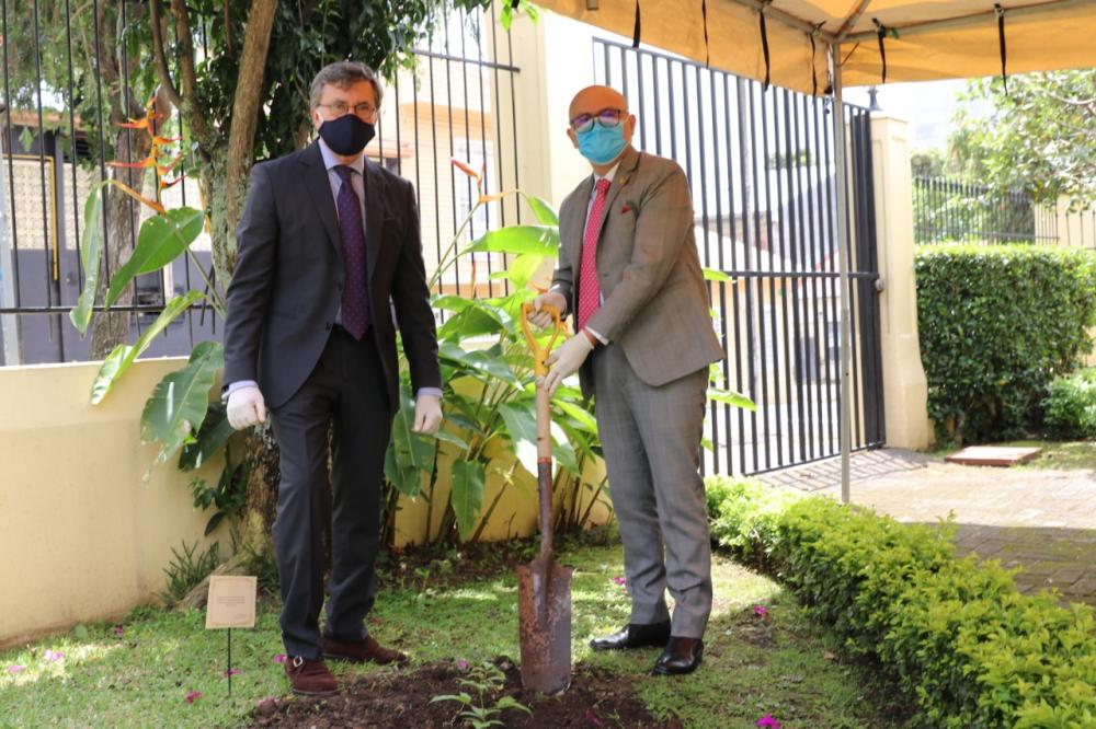 El Director General del IICA, Manuel Otero, y el Canciller de la República de Costa Rica, Rodolfo Solano durante la siembra simbólica del árbol de Vainillo.
